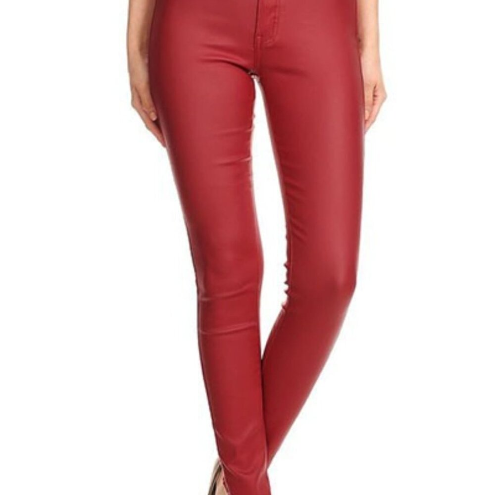High Waist Faux Leather Burgundy Skinny Jeans